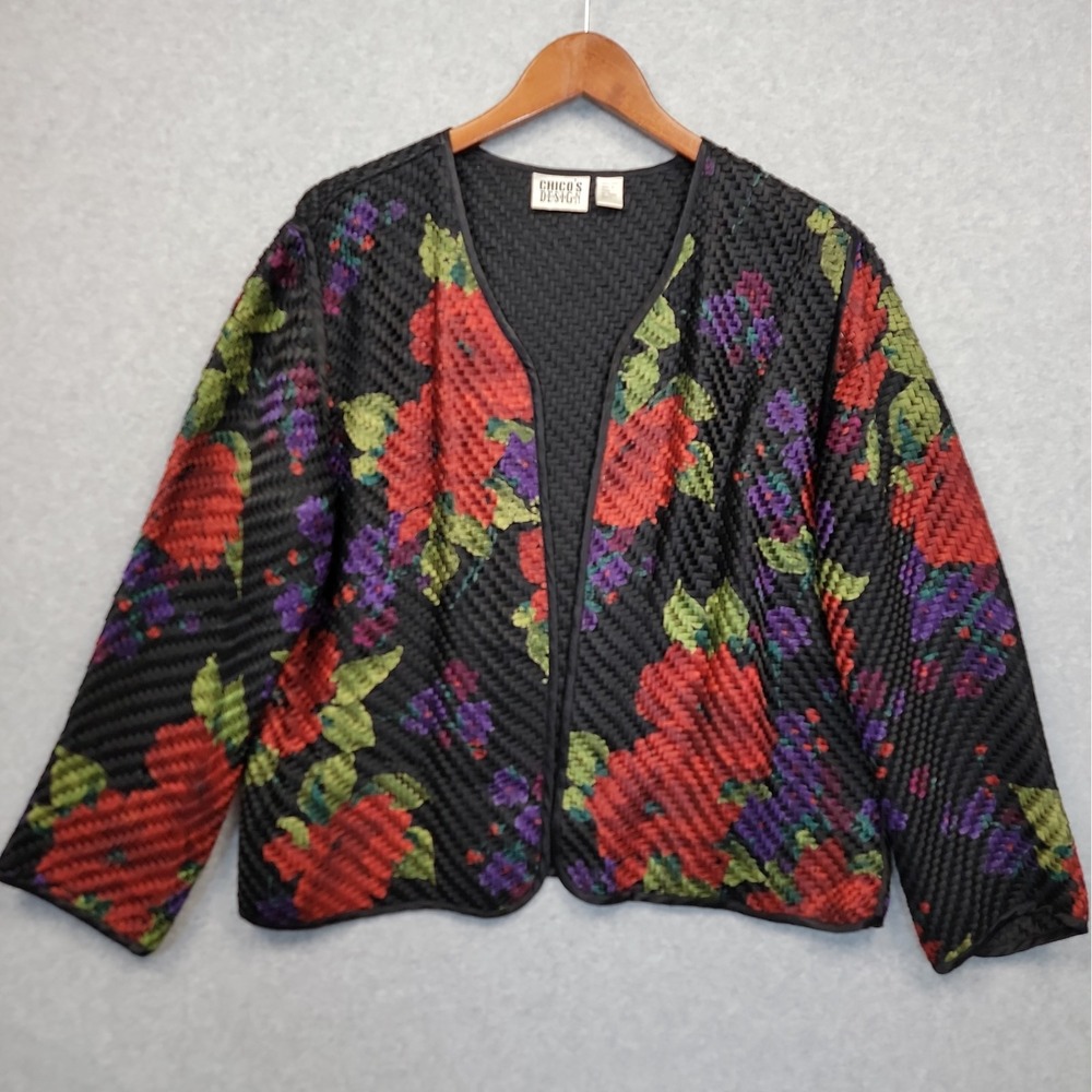 Vintage Chicos Jacket Womens L Multicolor Floral Silk Woven Basketweave Blazer
